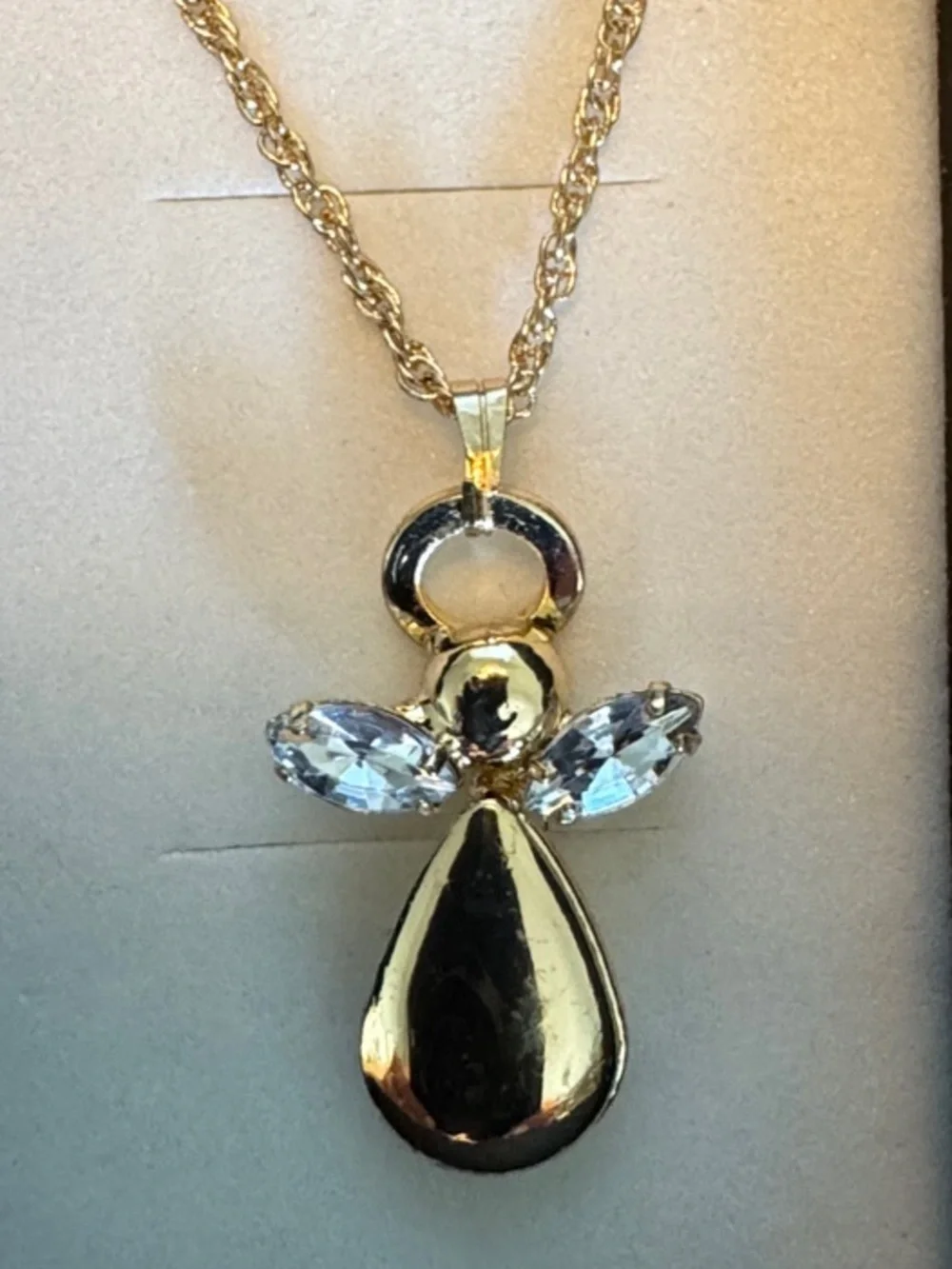 Gold Tone Angel Pendant Necklace with Austrian Crystal Wings. 18” Rope Chain.